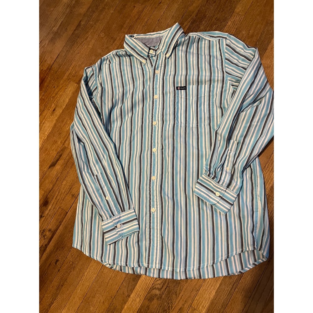Chaps Mens Long Sleeve Button Down Shirt Blue White Striped Easy Care Large